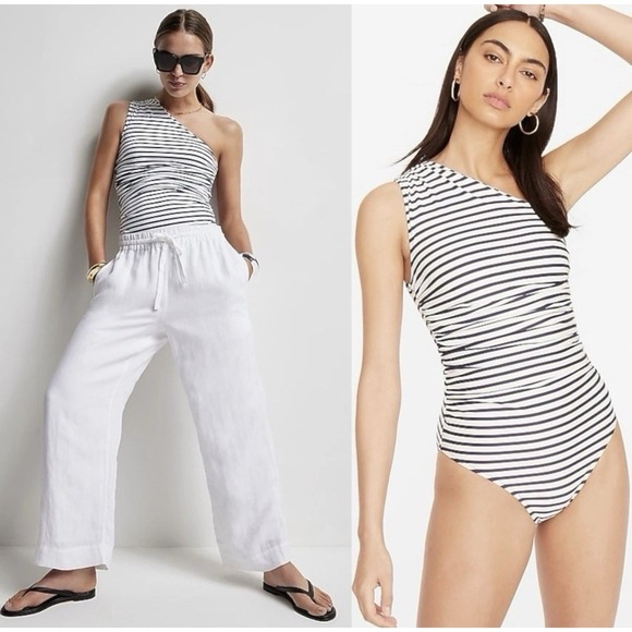 J. Crew Other - J.Crew Ruched One Shoulder One Piece Navy White Stripe Size 14 Coastal NEW